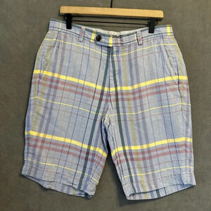 Brooks Brothers Bermuda Shorts Baird McNutt Irish Linen Blend Size 33 Blue Plaid